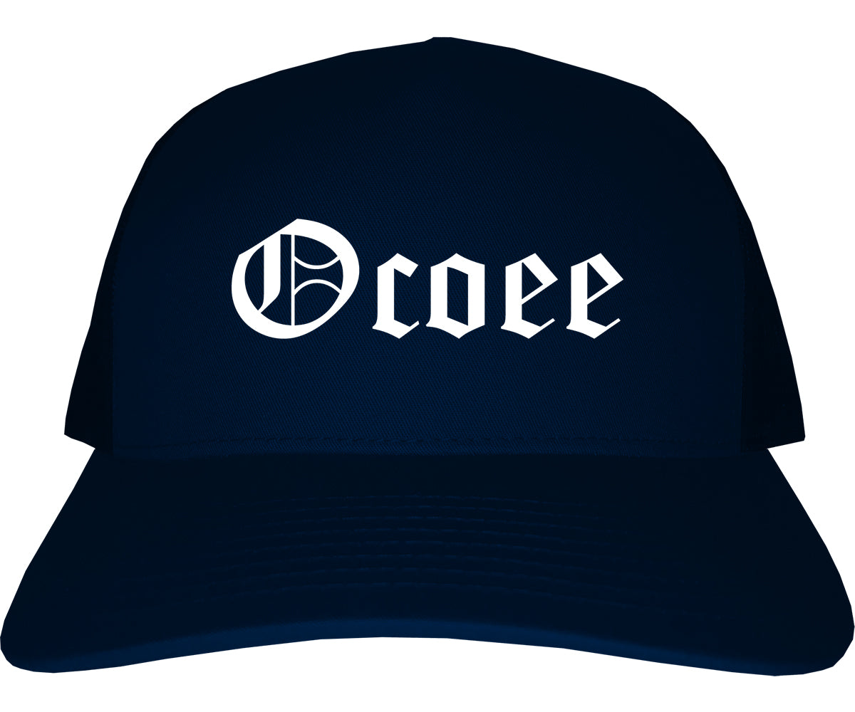 Ocoee Florida FL Old English Mens Trucker Hat Cap Navy Blue