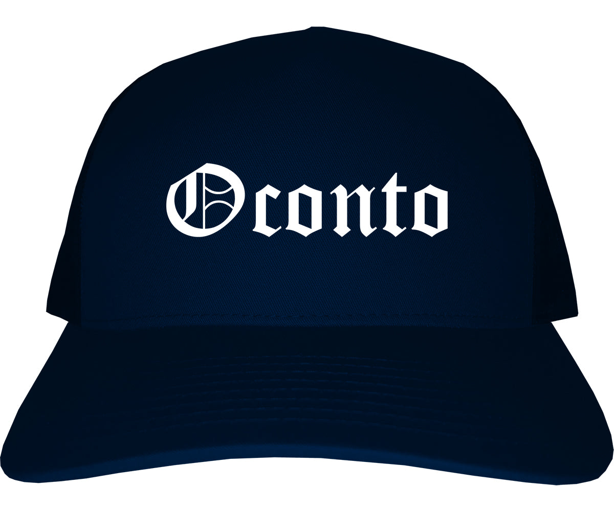 Oconto Wisconsin WI Old English Mens Trucker Hat Cap Navy Blue
