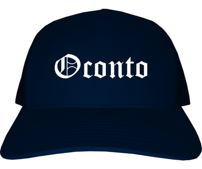 Oconto Wisconsin WI Old English Mens Trucker Hat Cap Navy Blue