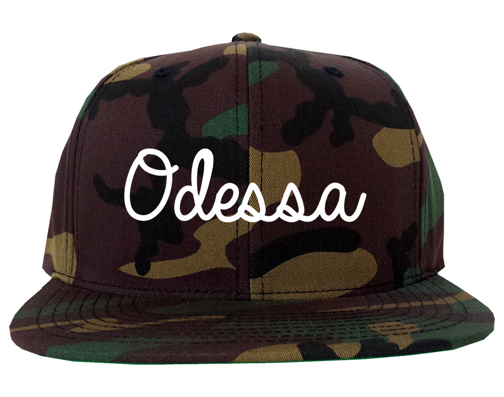 Odessa Missouri MO Script Mens Snapback Hat Army Camo