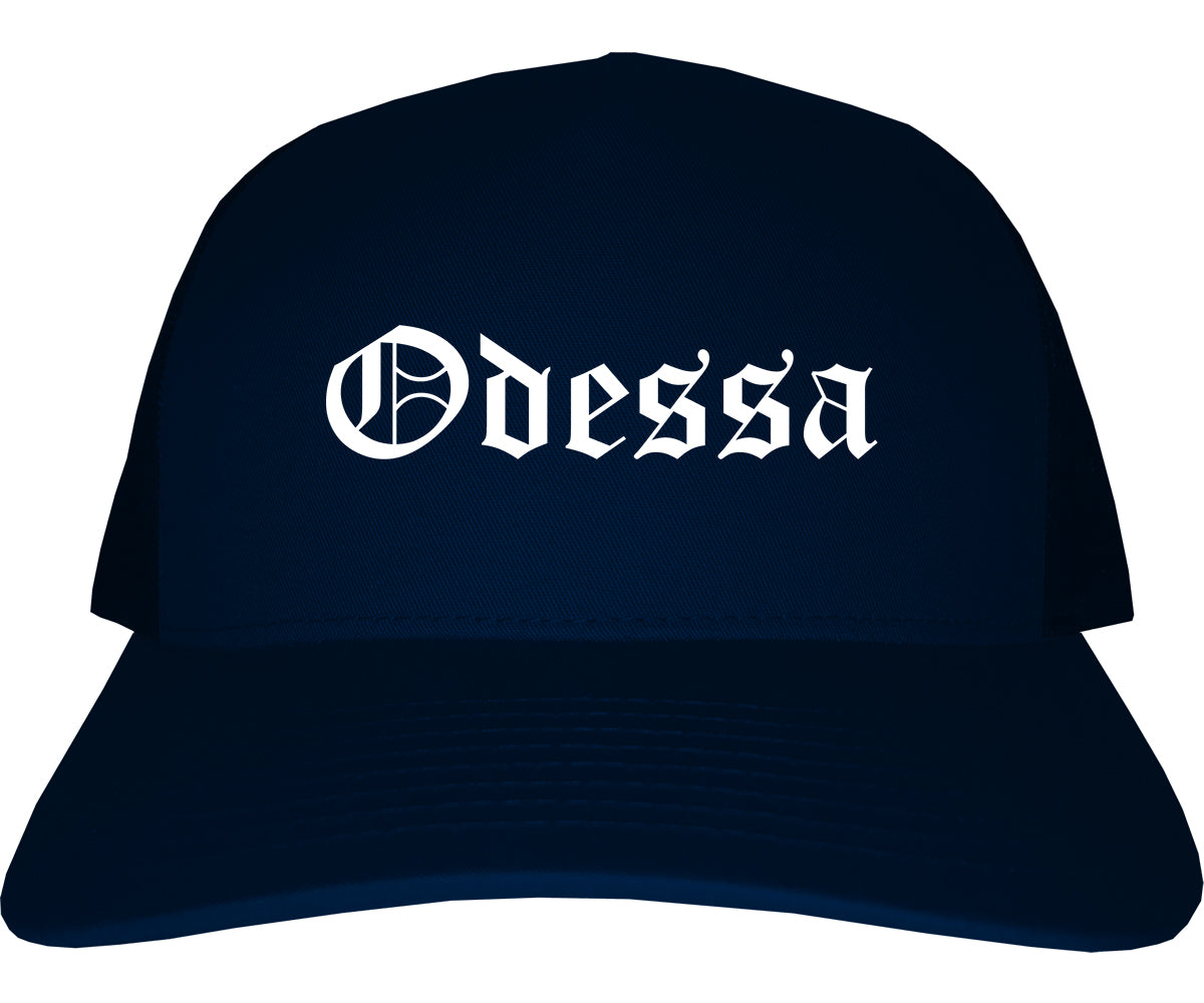 Odessa Texas TX Old English Mens Trucker Hat Cap Navy Blue
