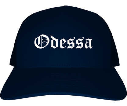 Odessa Texas TX Old English Mens Trucker Hat Cap Navy Blue