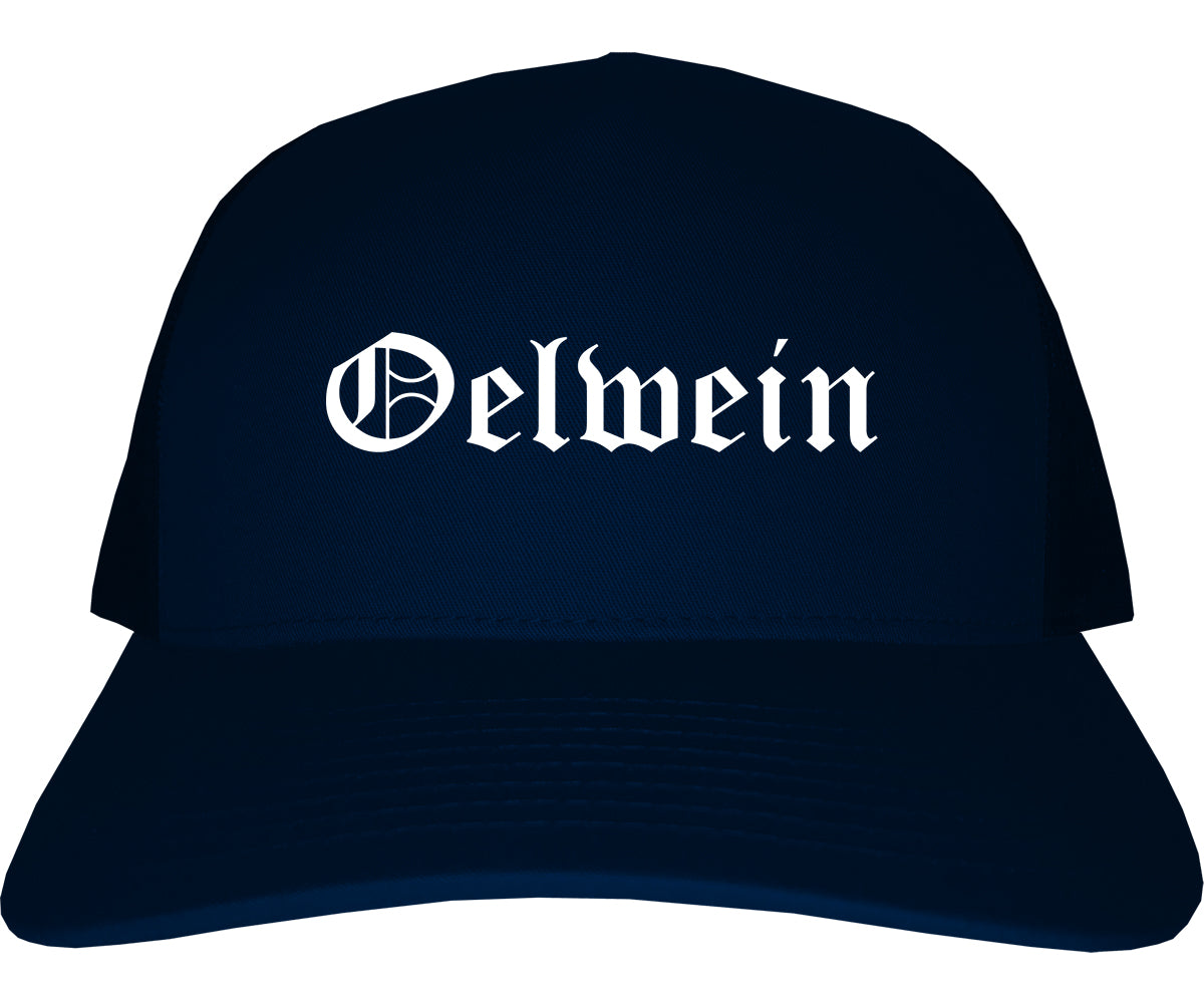 Oelwein Iowa IA Old English Mens Trucker Hat Cap Navy Blue