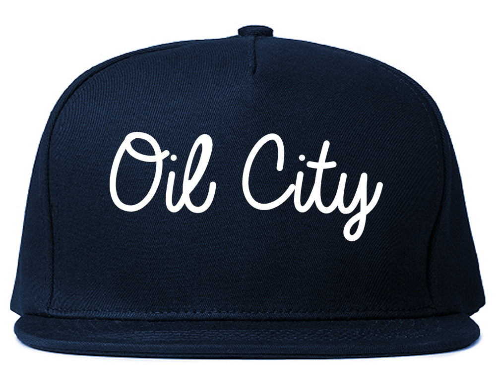 Oil City Pennsylvania PA Script Mens Snapback Hat Navy Blue