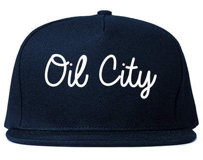 Oil City Pennsylvania PA Script Mens Snapback Hat Navy Blue