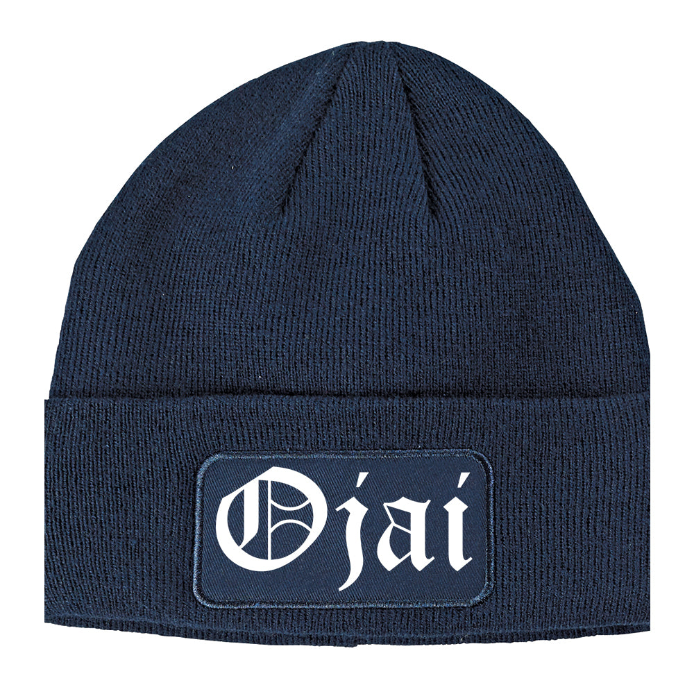 Ojai California CA Old English Mens Knit Beanie Hat Cap Navy Blue