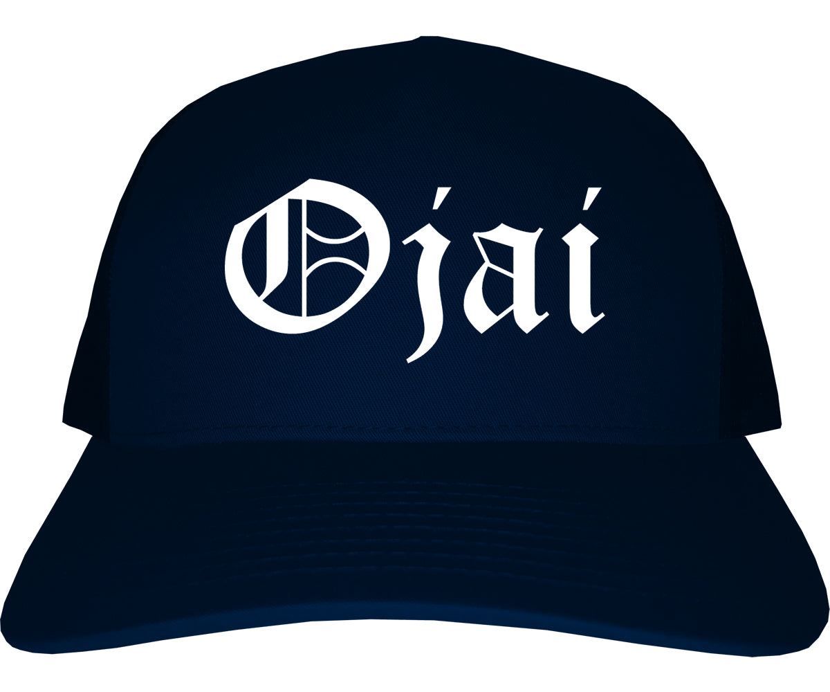 Ojai California CA Old English Mens Trucker Hat Cap Navy Blue