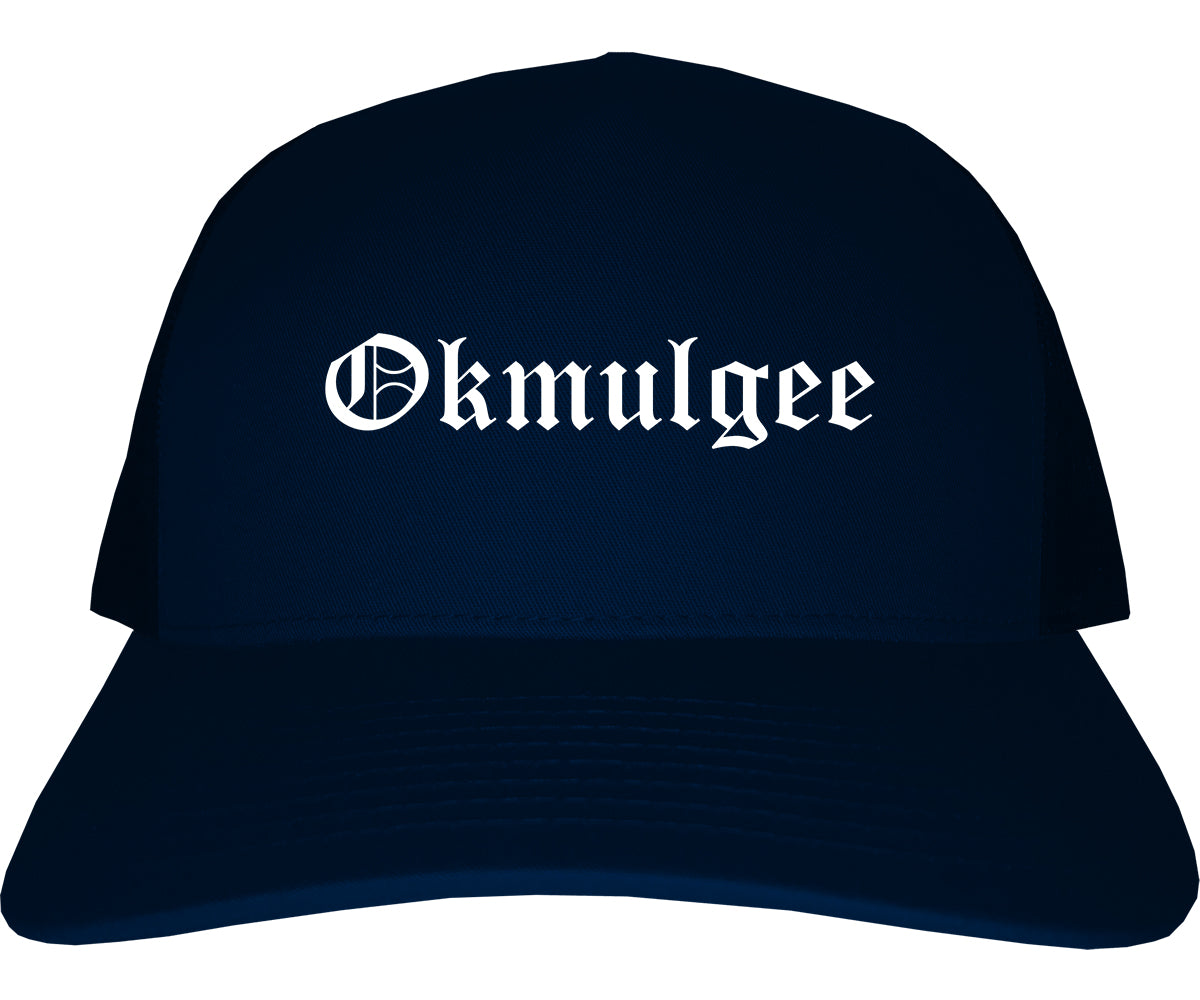 Okmulgee Oklahoma OK Old English Mens Trucker Hat Cap Navy Blue