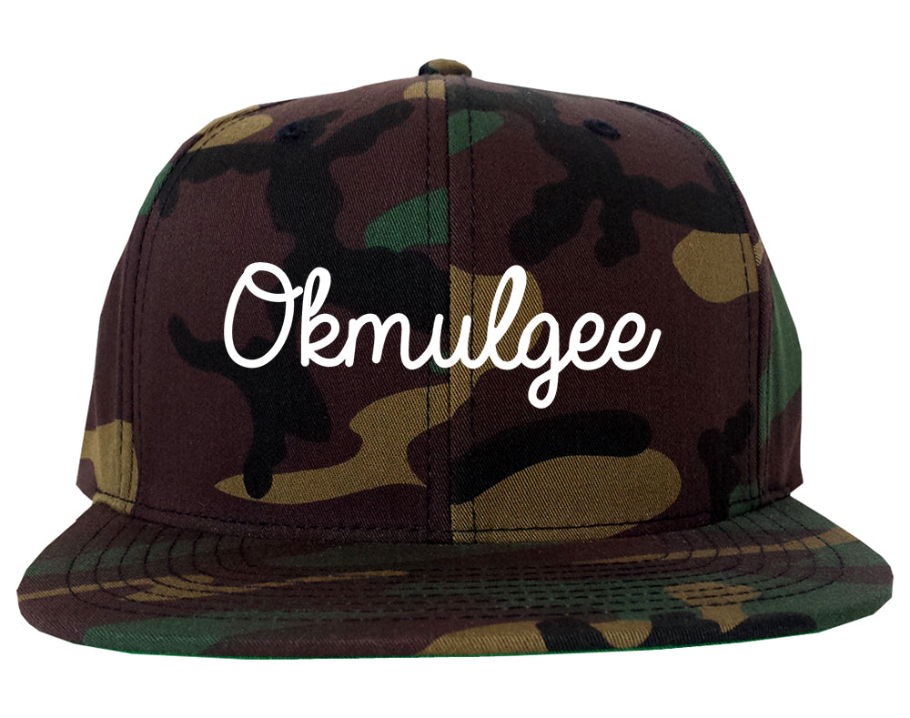 Okmulgee Oklahoma OK Script Mens Snapback Hat Army Camo