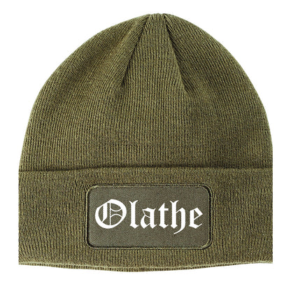 Olathe Kansas KS Old English Mens Knit Beanie Hat Cap Olive Green