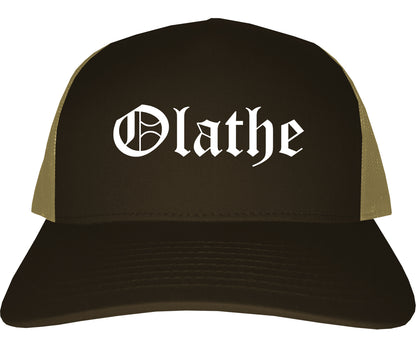 Olathe Kansas KS Old English Mens Trucker Hat Cap Brown