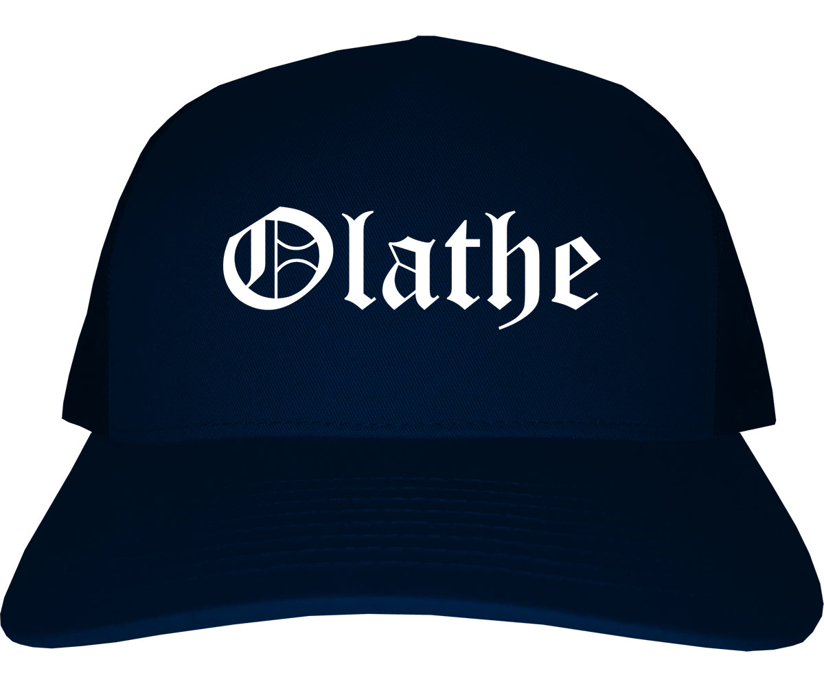 Olathe Kansas KS Old English Mens Trucker Hat Cap Navy Blue