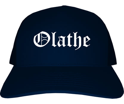 Olathe Kansas KS Old English Mens Trucker Hat Cap Navy Blue