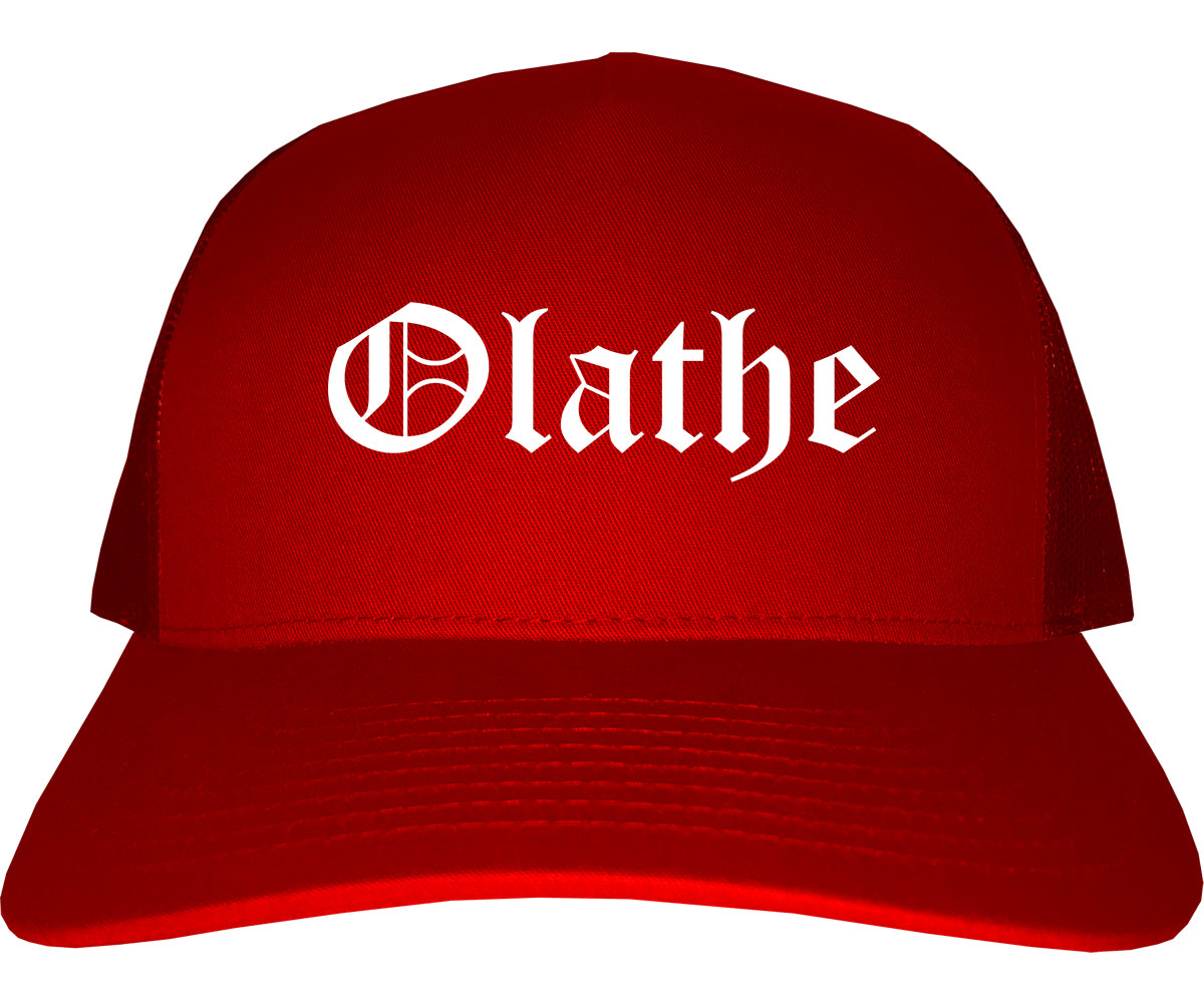 Olathe Kansas KS Old English Mens Trucker Hat Cap Red