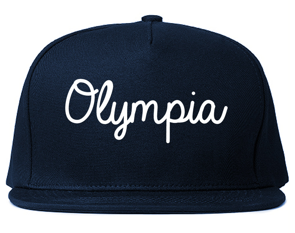 Olympia Washington WA Script Mens Snapback Hat Navy Blue