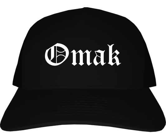 Omak Washington WA Old English Mens Trucker Hat Cap Black