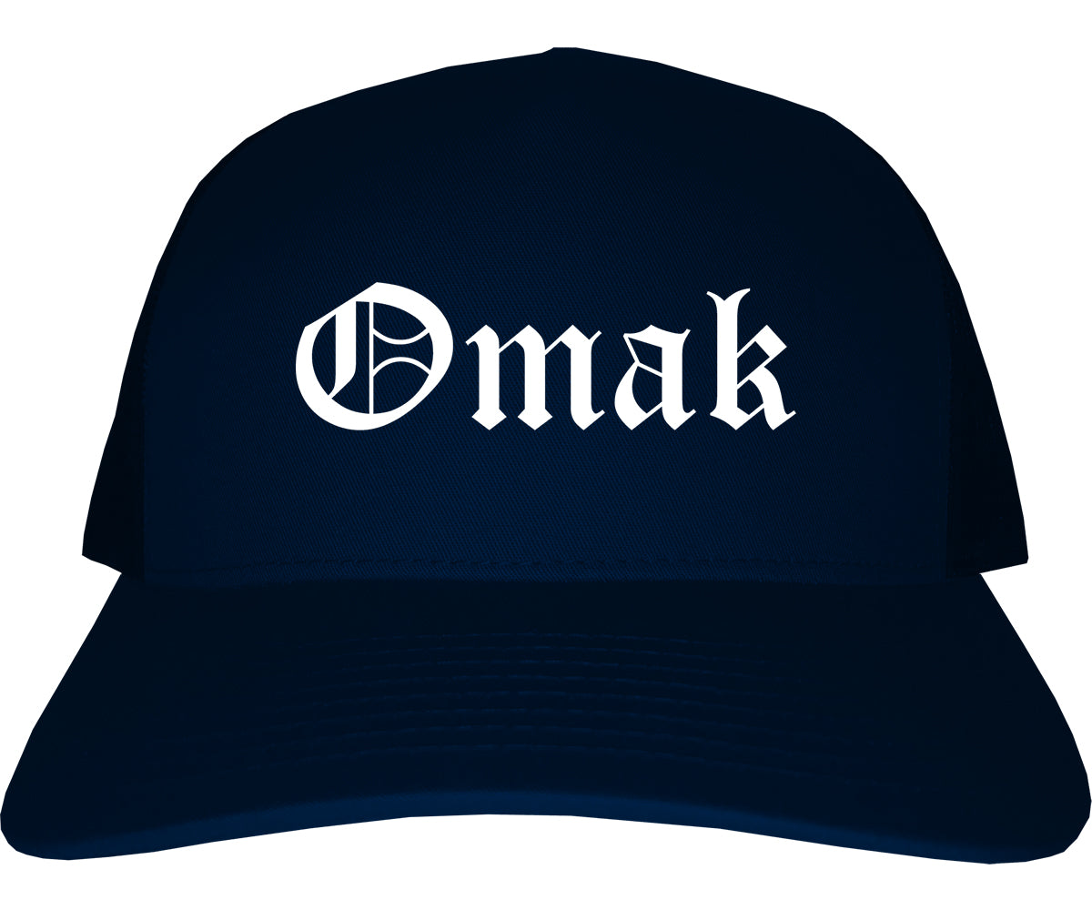 Omak Washington WA Old English Mens Trucker Hat Cap Navy Blue