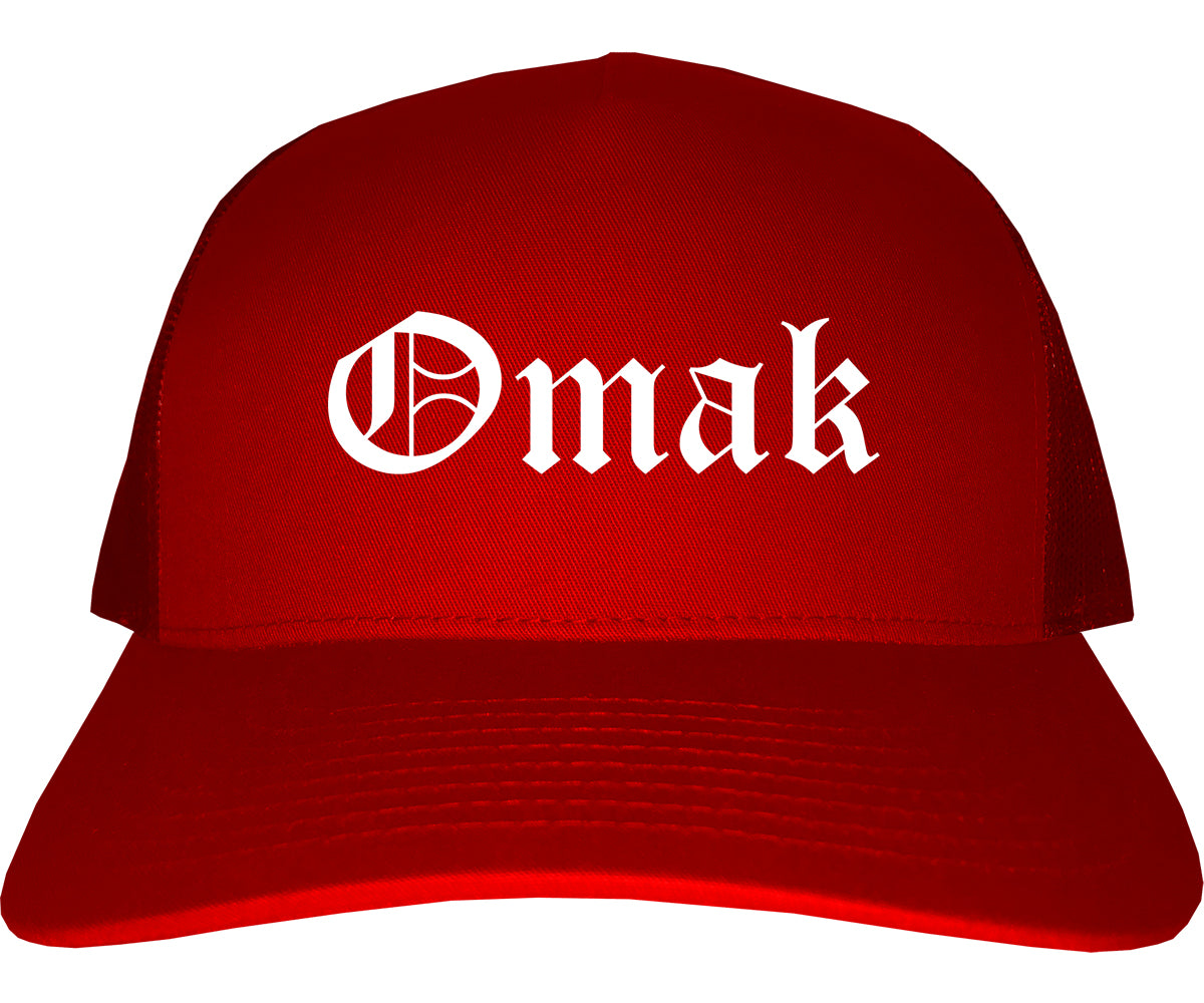 Omak Washington WA Old English Mens Trucker Hat Cap Red