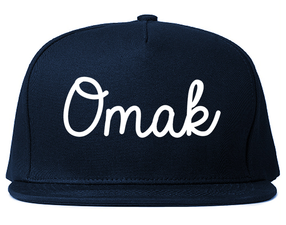 Omak Washington WA Script Mens Snapback Hat Navy Blue