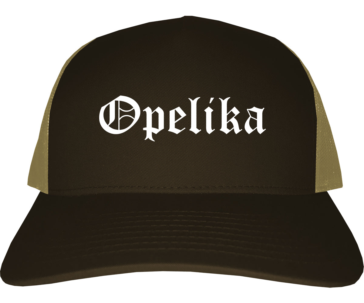 Opelika Alabama AL Old English Mens Trucker Hat Cap Brown