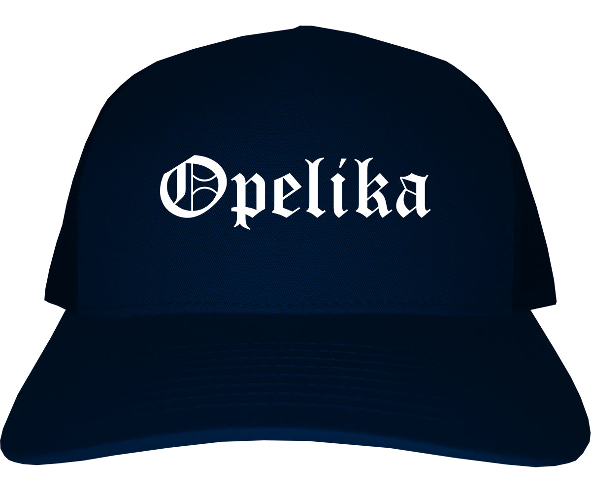 Opelika Alabama AL Old English Mens Trucker Hat Cap Navy Blue
