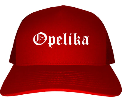 Opelika Alabama AL Old English Mens Trucker Hat Cap Red