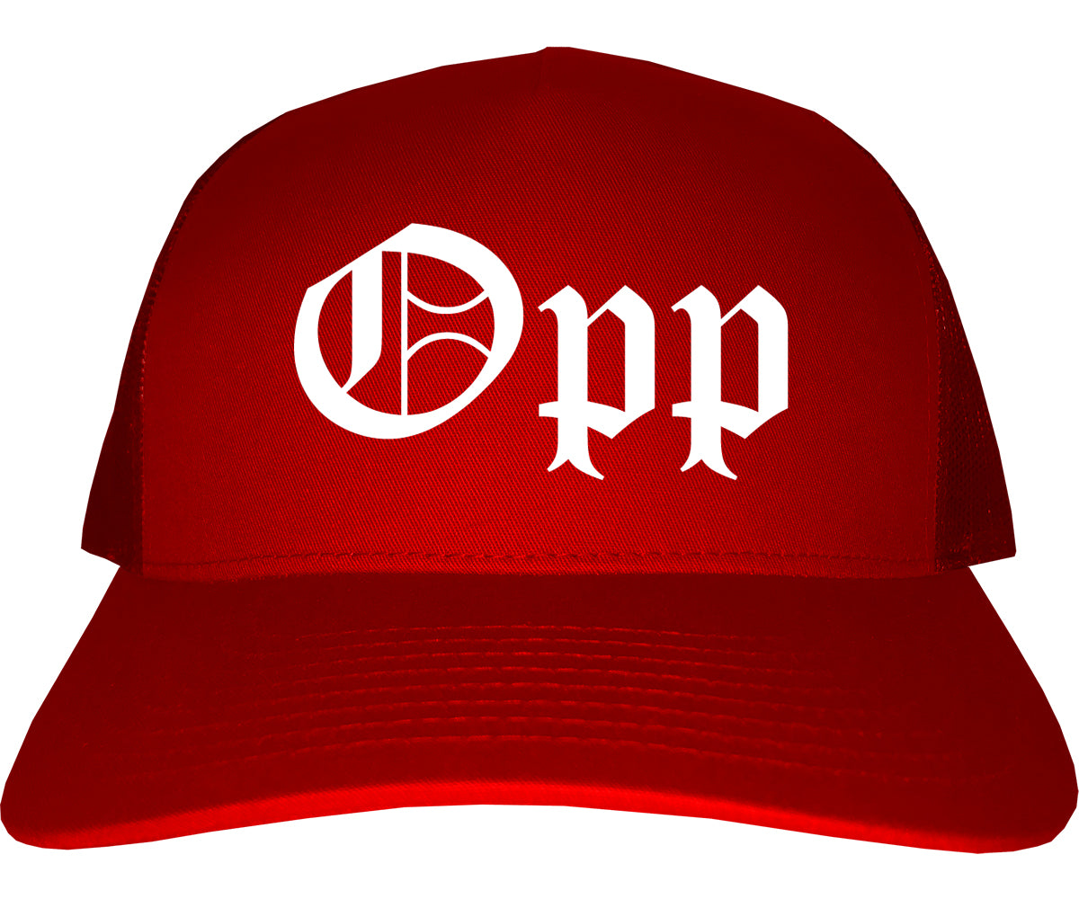 Opp Alabama AL Old English Mens Trucker Hat Cap Red