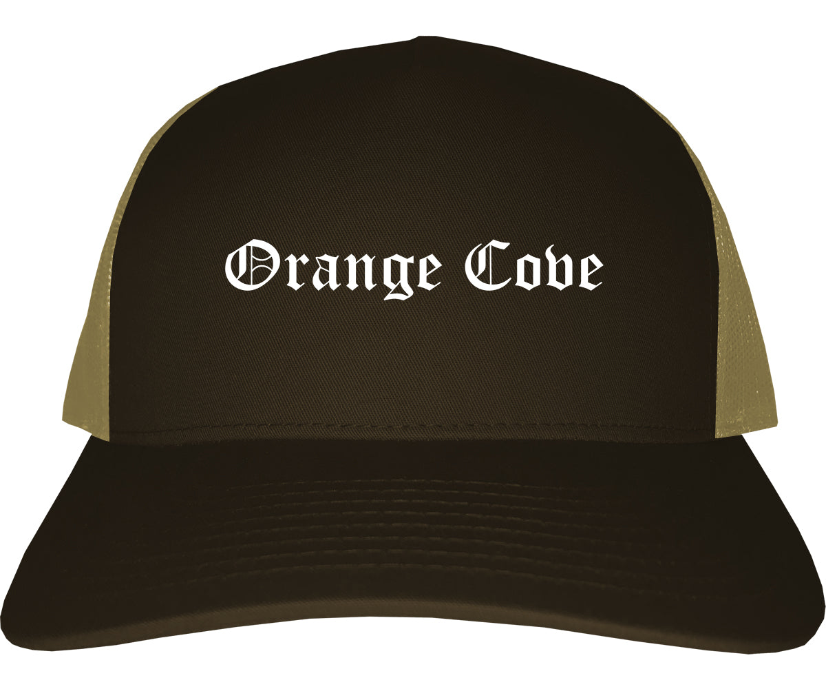 Orange Cove California CA Old English Mens Trucker Hat Cap Brown