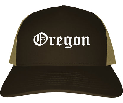 Oregon Ohio OH Old English Mens Trucker Hat Cap Brown