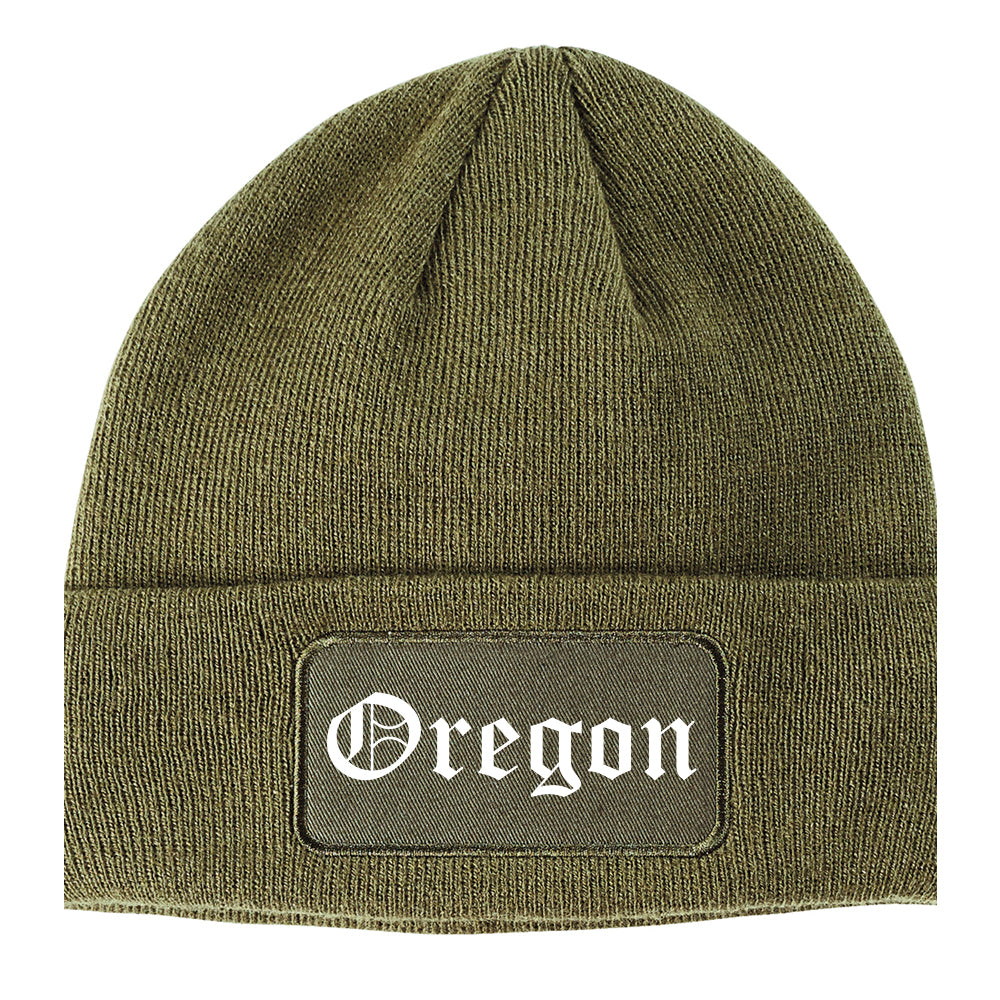 Oregon Wisconsin WI Old English Mens Knit Beanie Hat Cap Olive Green