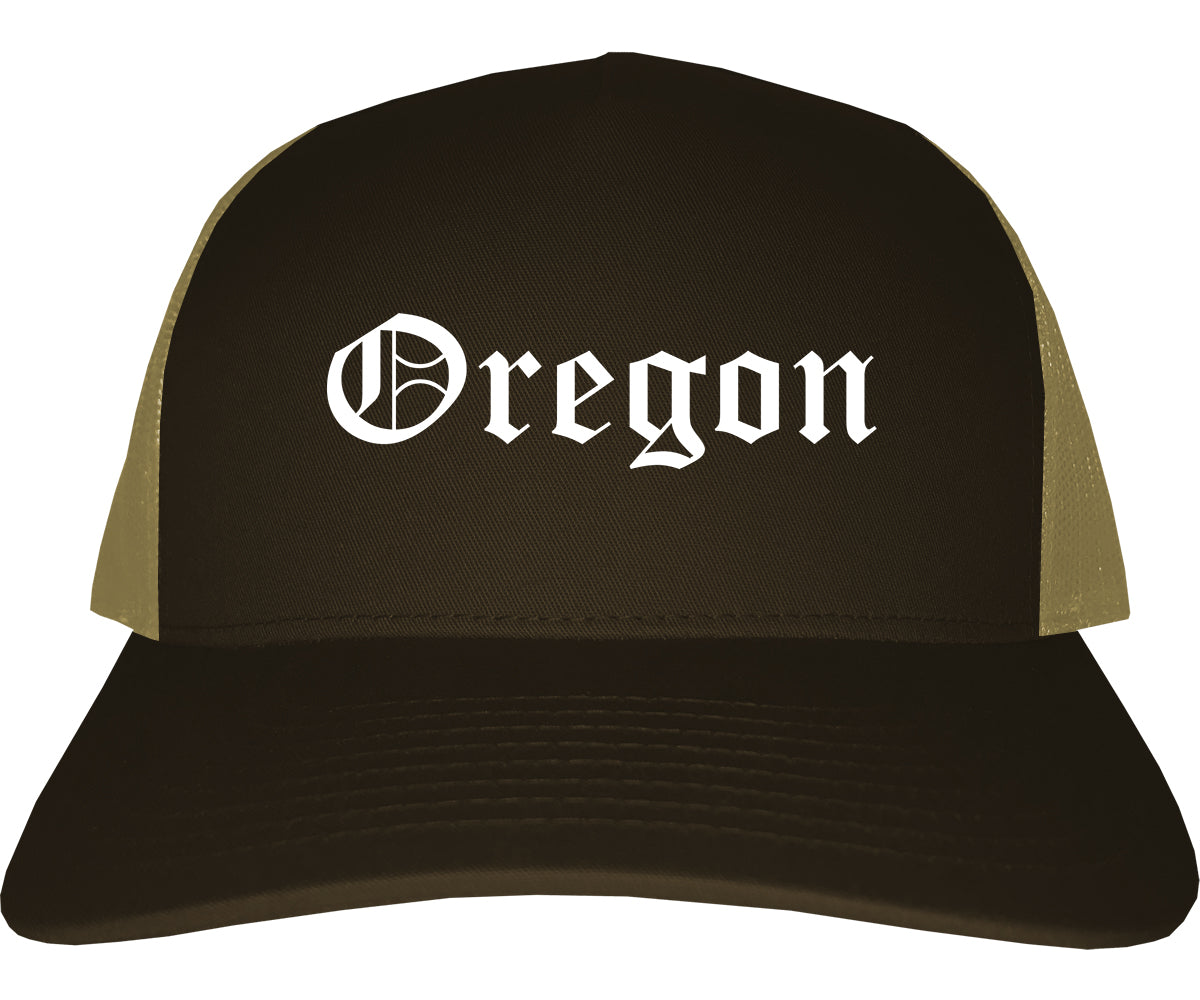 Oregon Wisconsin WI Old English Mens Trucker Hat Cap Brown