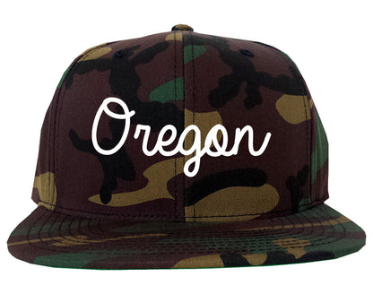 Oregon Wisconsin WI Script Mens Snapback Hat Army Camo