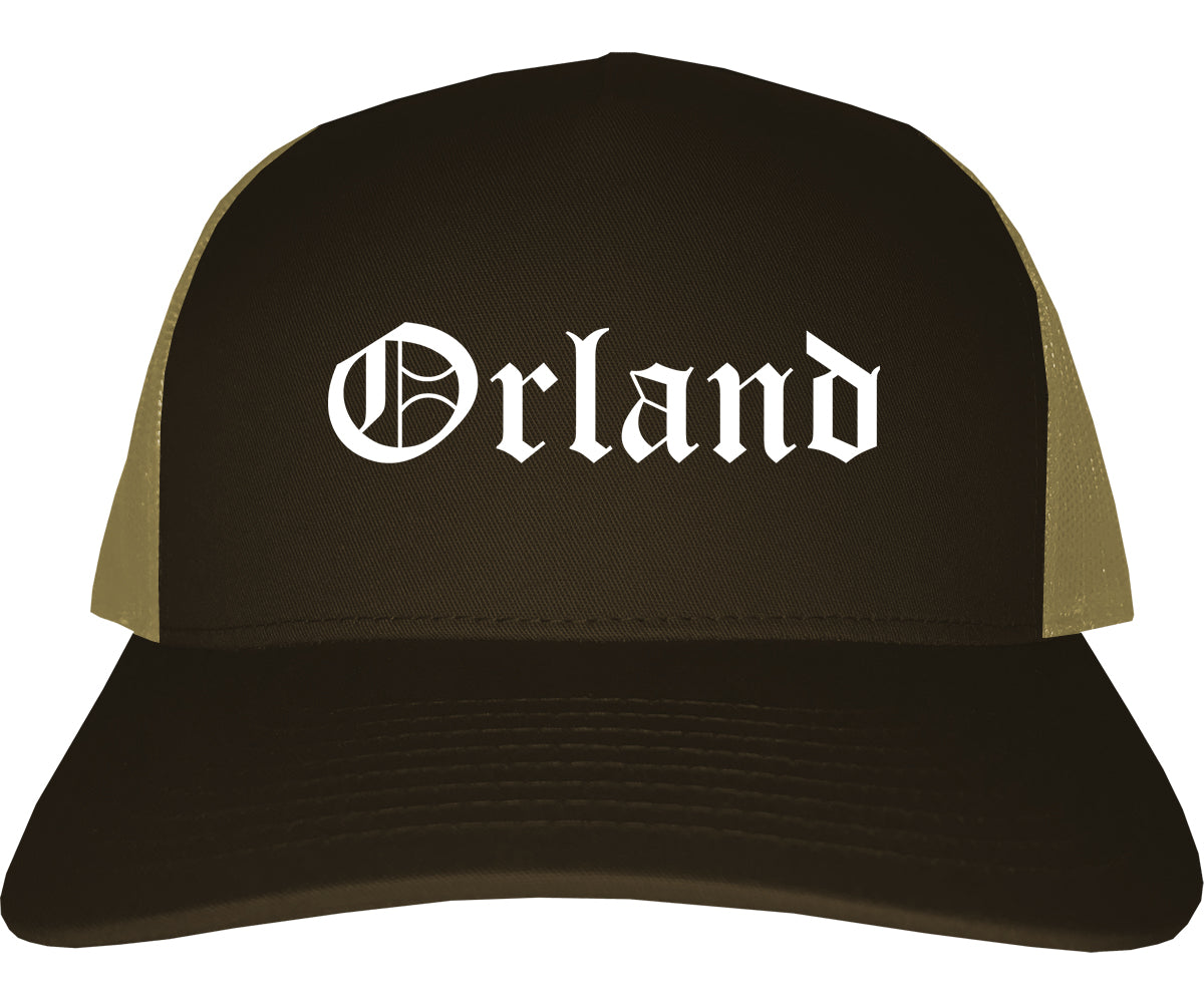 Orland California CA Old English Mens Trucker Hat Cap Brown