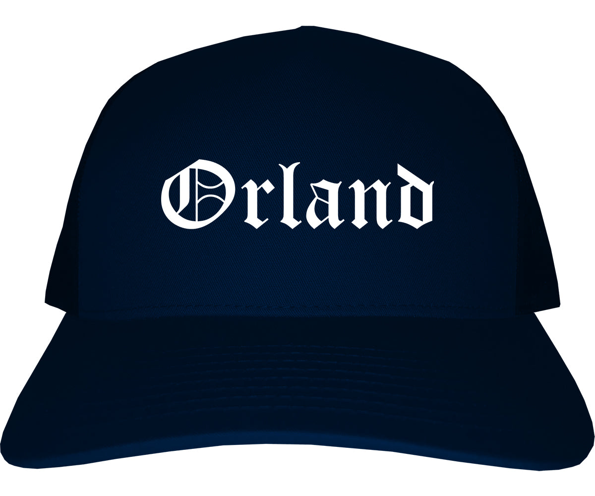 Orland California CA Old English Mens Trucker Hat Cap Navy Blue