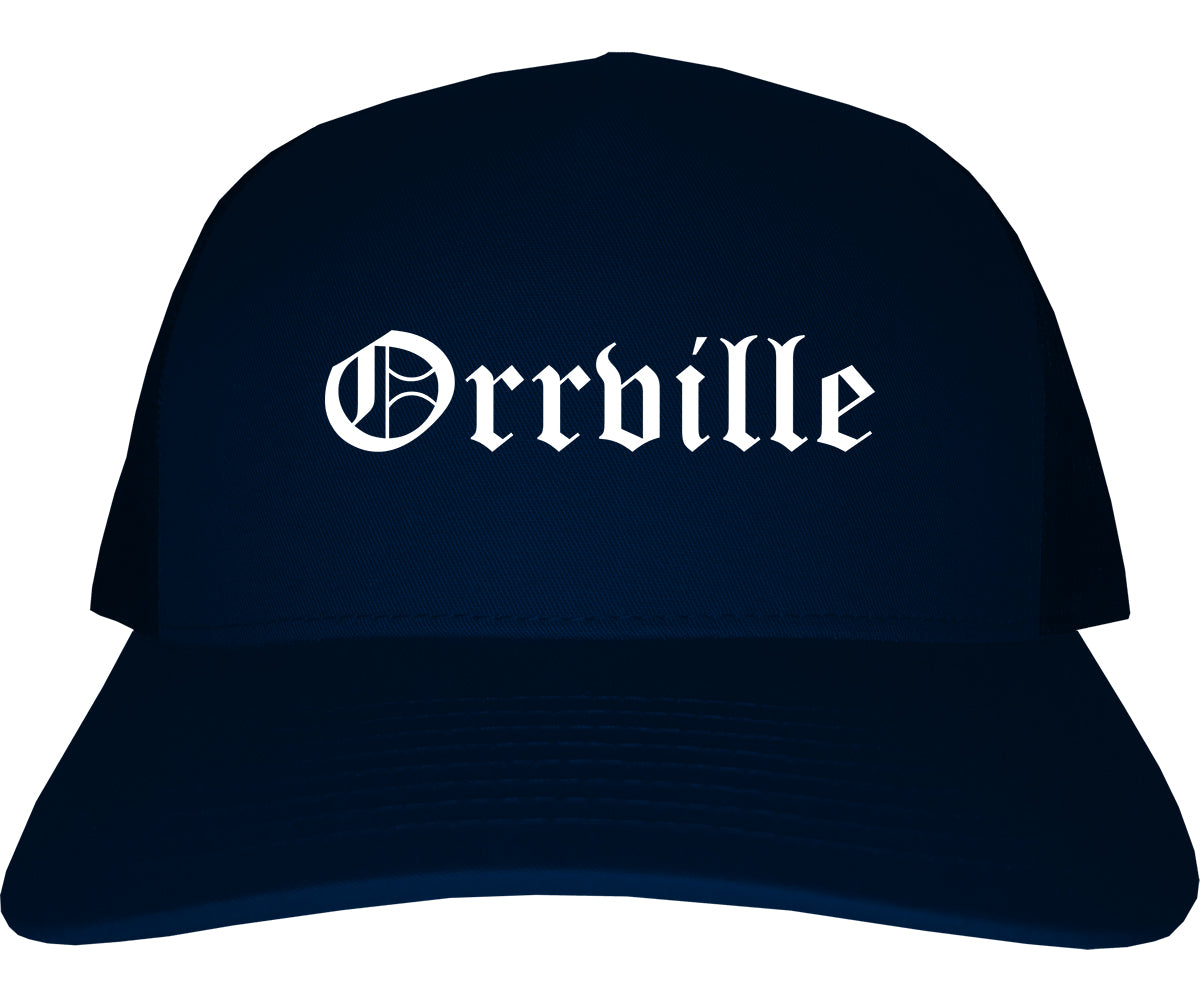 Orrville Ohio OH Old English Mens Trucker Hat Cap Navy Blue