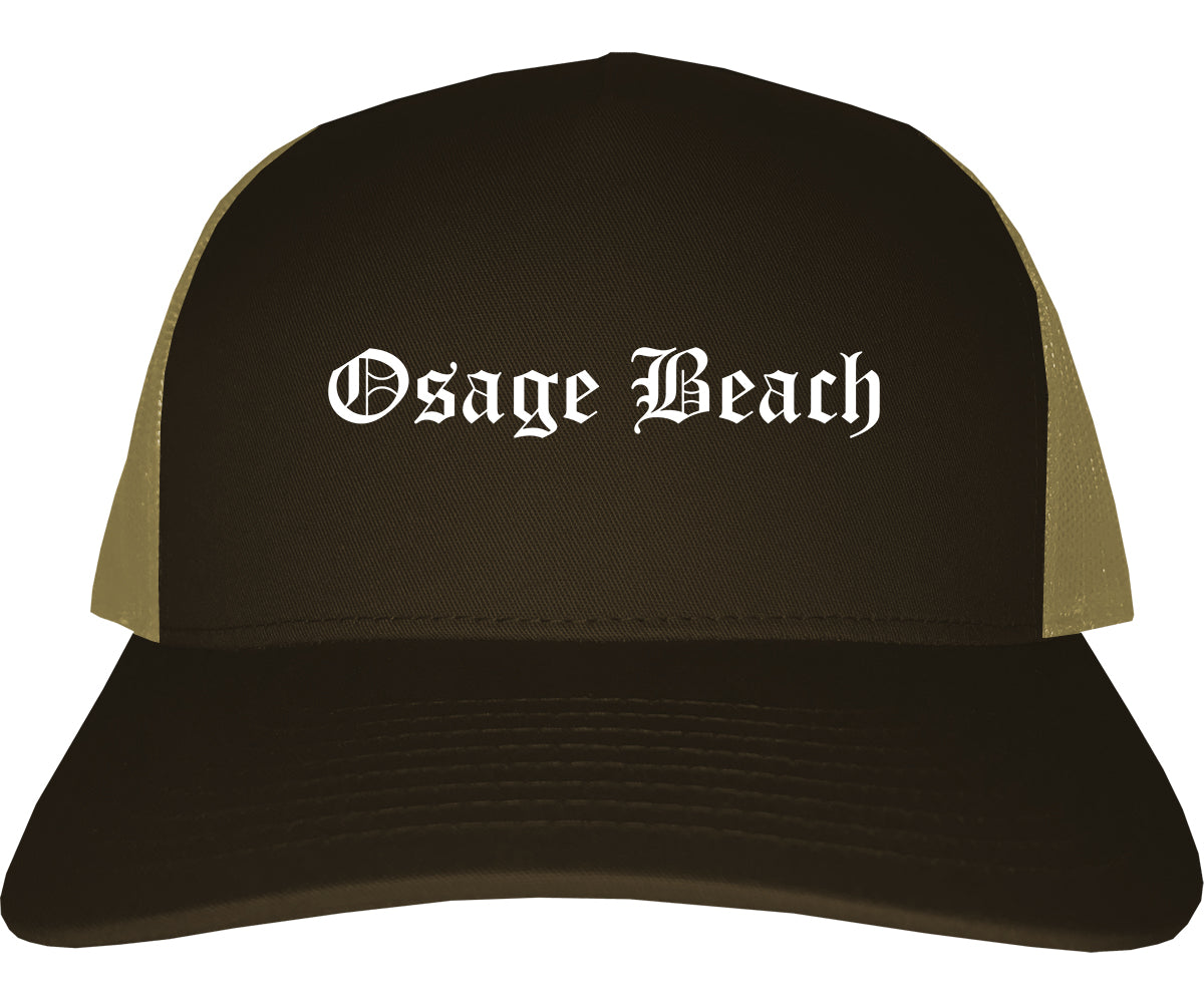 Osage Beach Missouri MO Old English Mens Trucker Hat Cap Brown