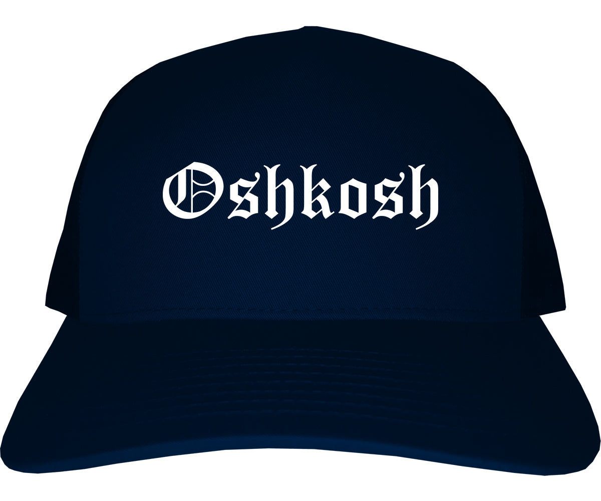 Oshkosh Wisconsin WI Old English Mens Trucker Hat Cap Navy Blue