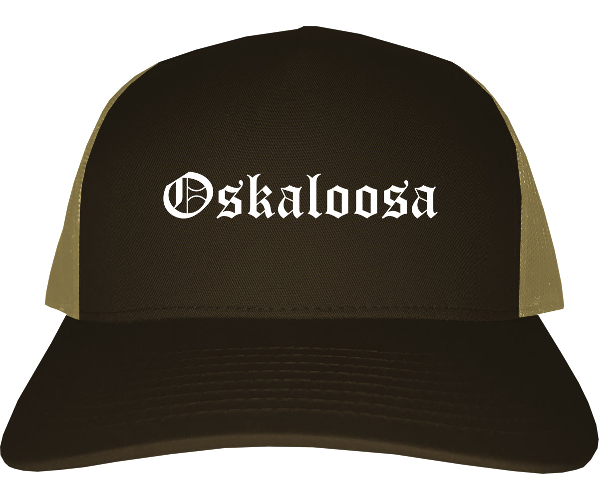 Oskaloosa Iowa IA Old English Mens Trucker Hat Cap Brown