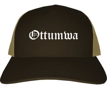 Ottumwa Iowa IA Old English Mens Trucker Hat Cap Brown