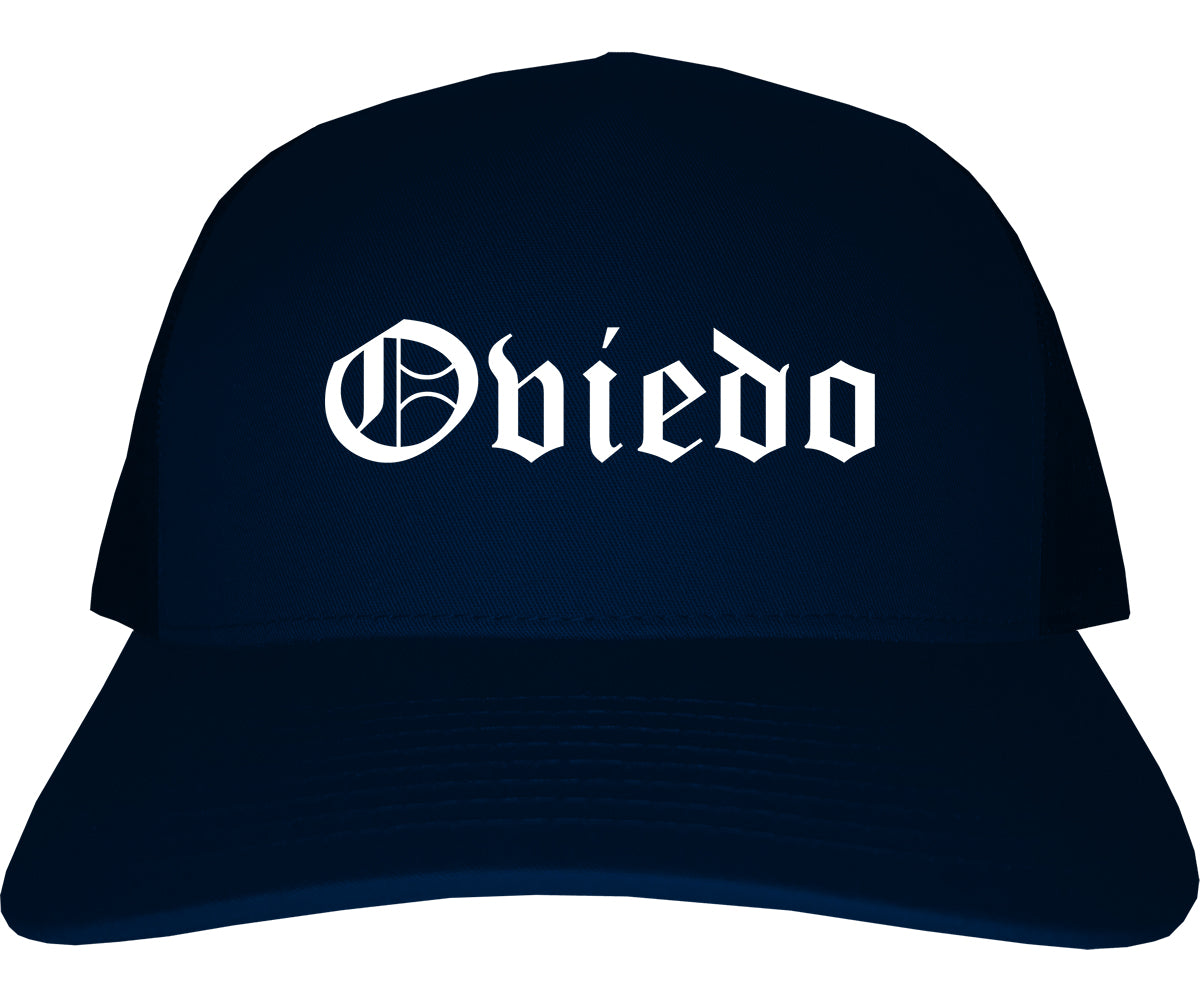 Oviedo Florida FL Old English Mens Trucker Hat Cap Navy Blue