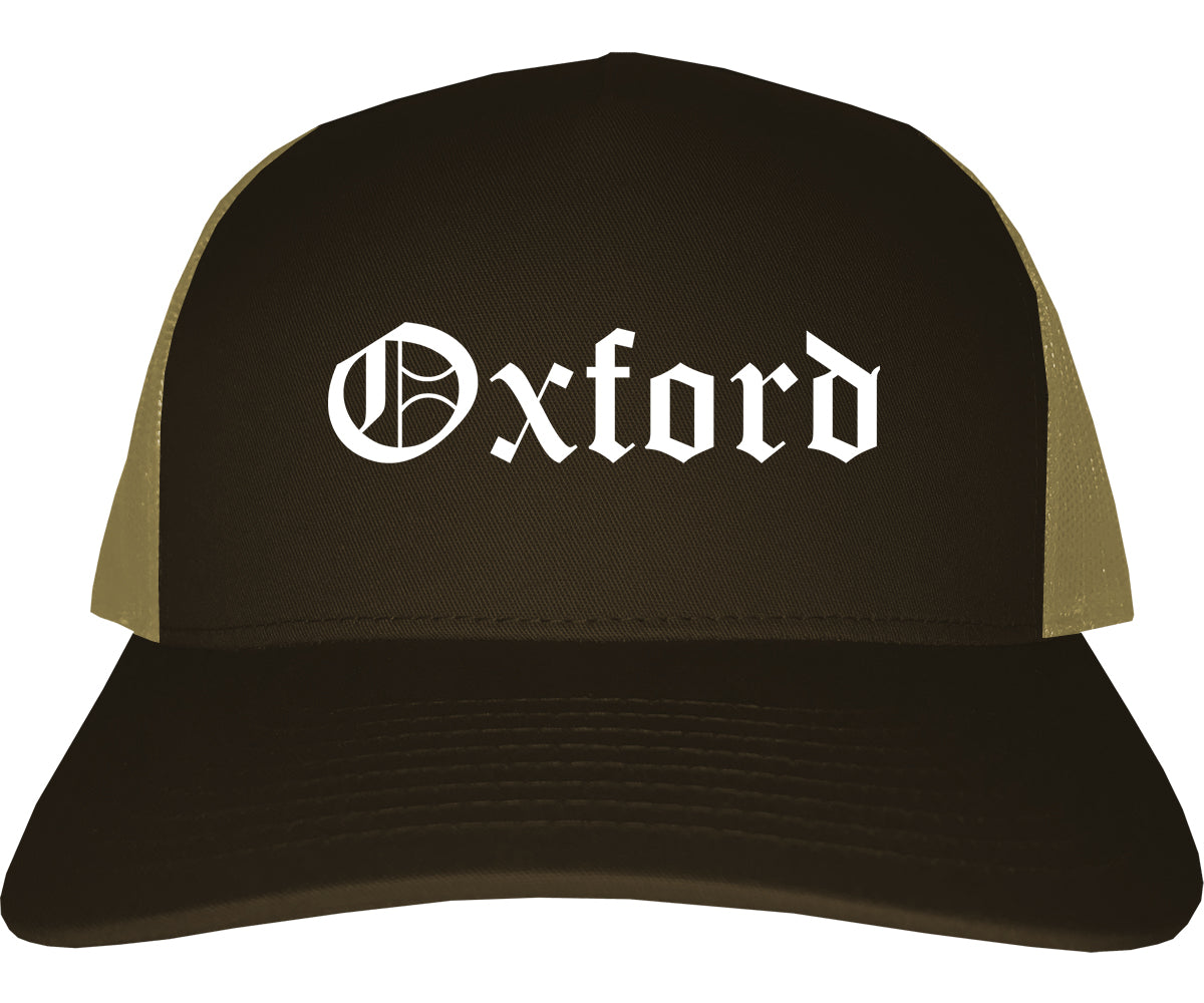 Oxford Alabama AL Old English Mens Trucker Hat Cap Brown