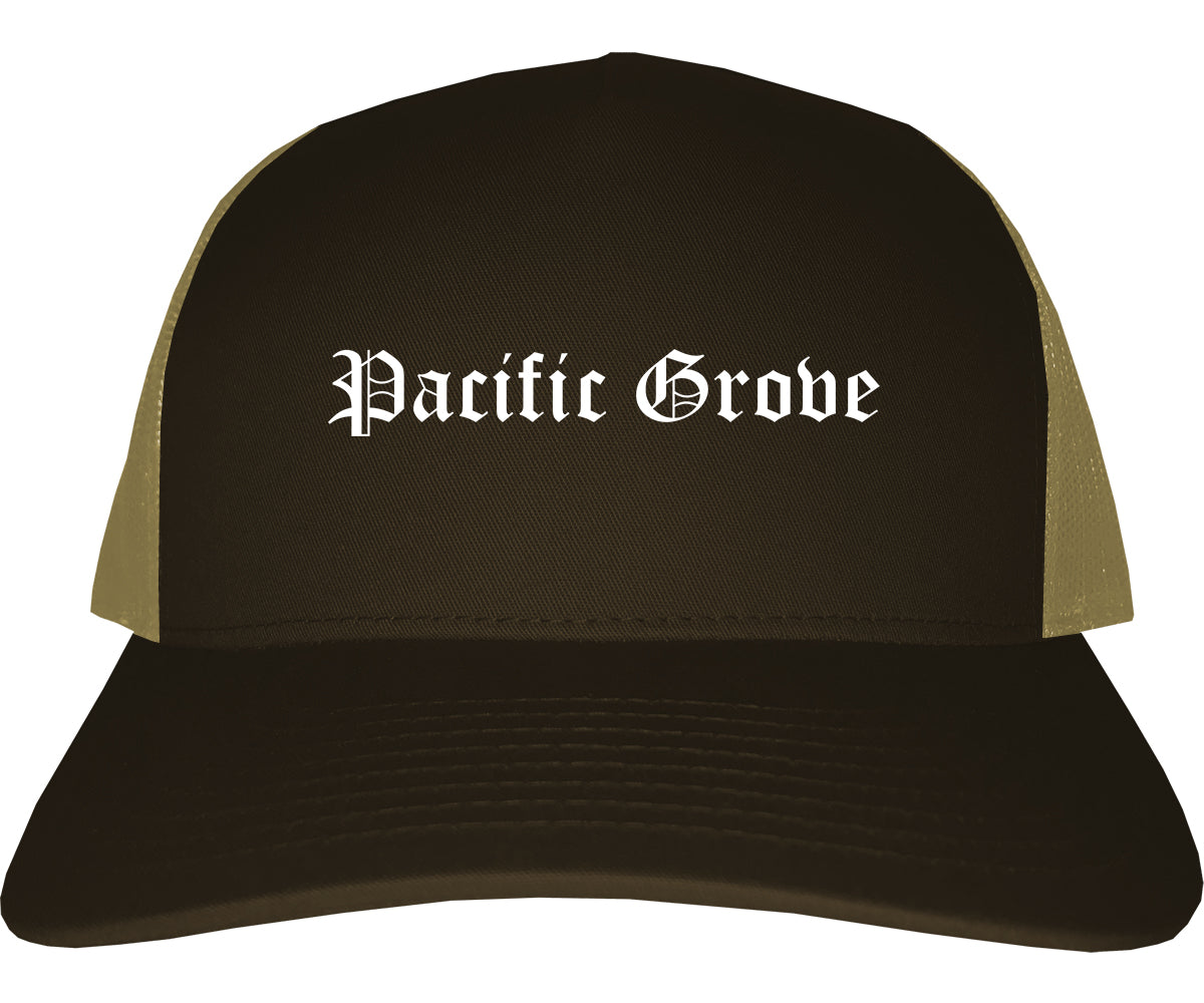 Pacific Grove California CA Old English Mens Trucker Hat Cap Brown