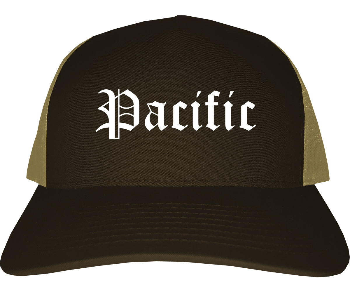 Pacific Missouri MO Old English Mens Trucker Hat Cap Brown