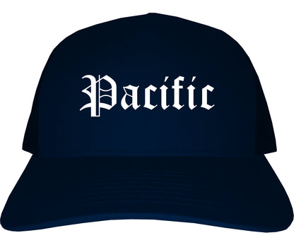 Pacific Missouri MO Old English Mens Trucker Hat Cap Navy Blue