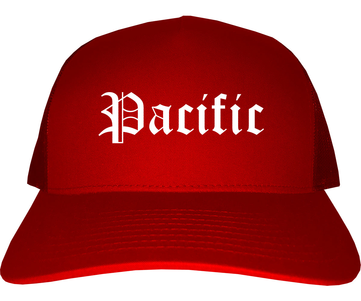 Pacific Missouri MO Old English Mens Trucker Hat Cap Red