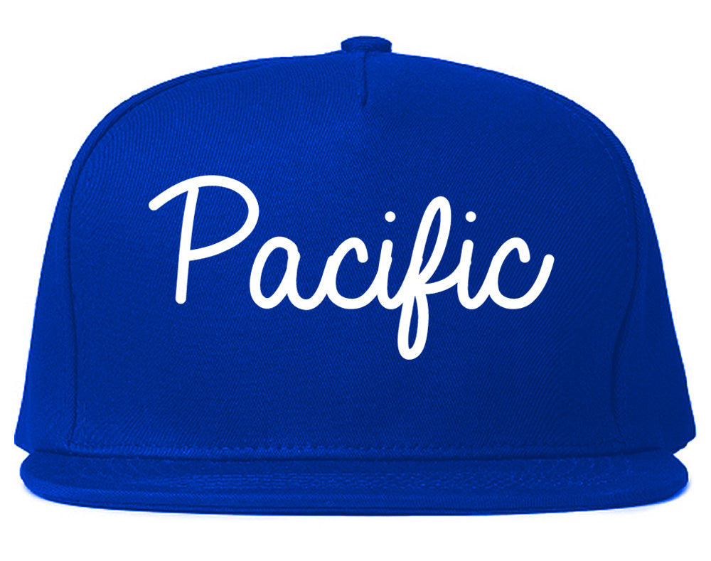 Pacific Missouri MO Script Mens Snapback Hat Royal Blue