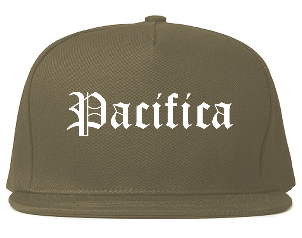 Pacifica California CA Old English Mens Snapback Hat Grey