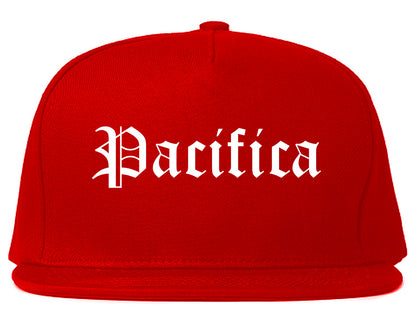 Pacifica California CA Old English Mens Snapback Hat Red