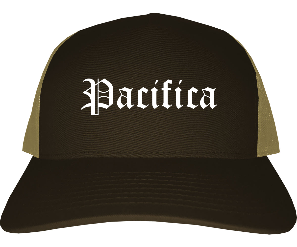 Pacifica California CA Old English Mens Trucker Hat Cap Brown