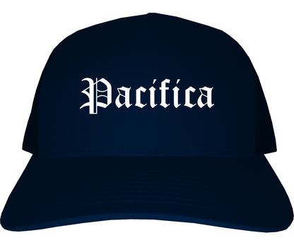 Pacifica California CA Old English Mens Trucker Hat Cap Navy Blue